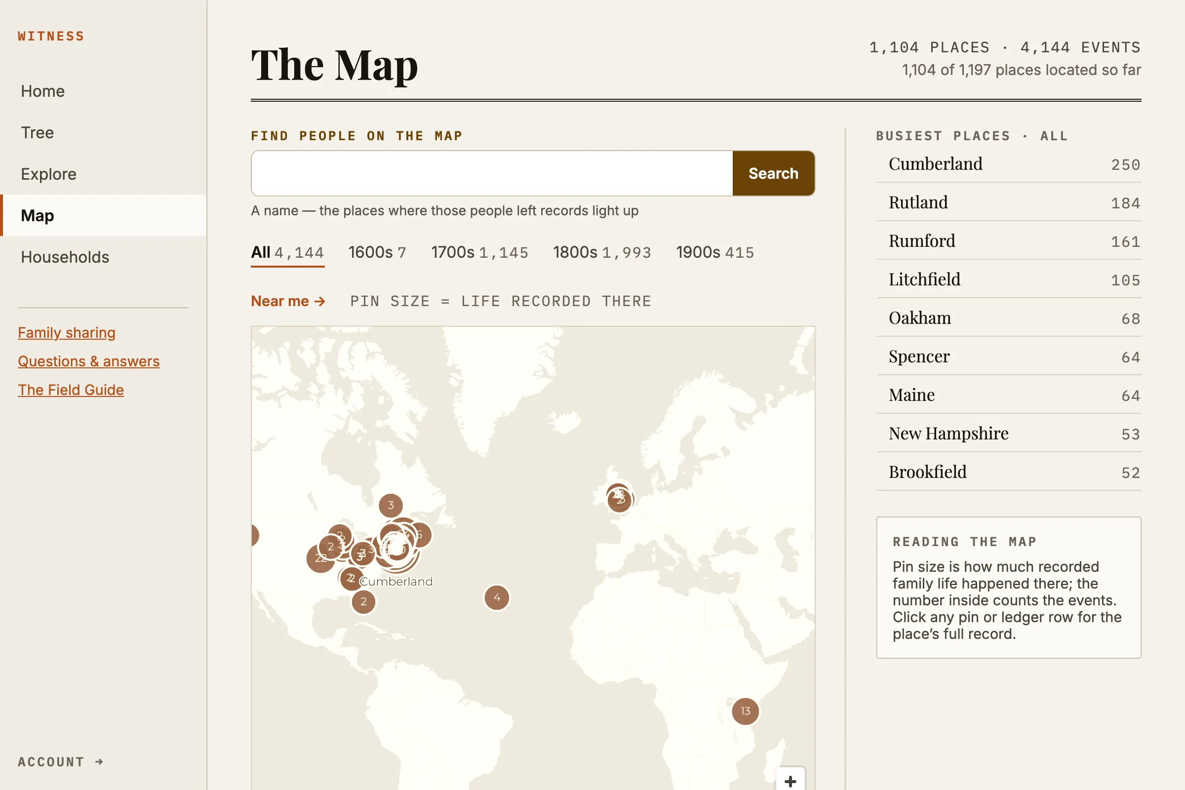 The Map in Witness, drawn from a branch of Family Tree: 1,104 places and 4,144 events