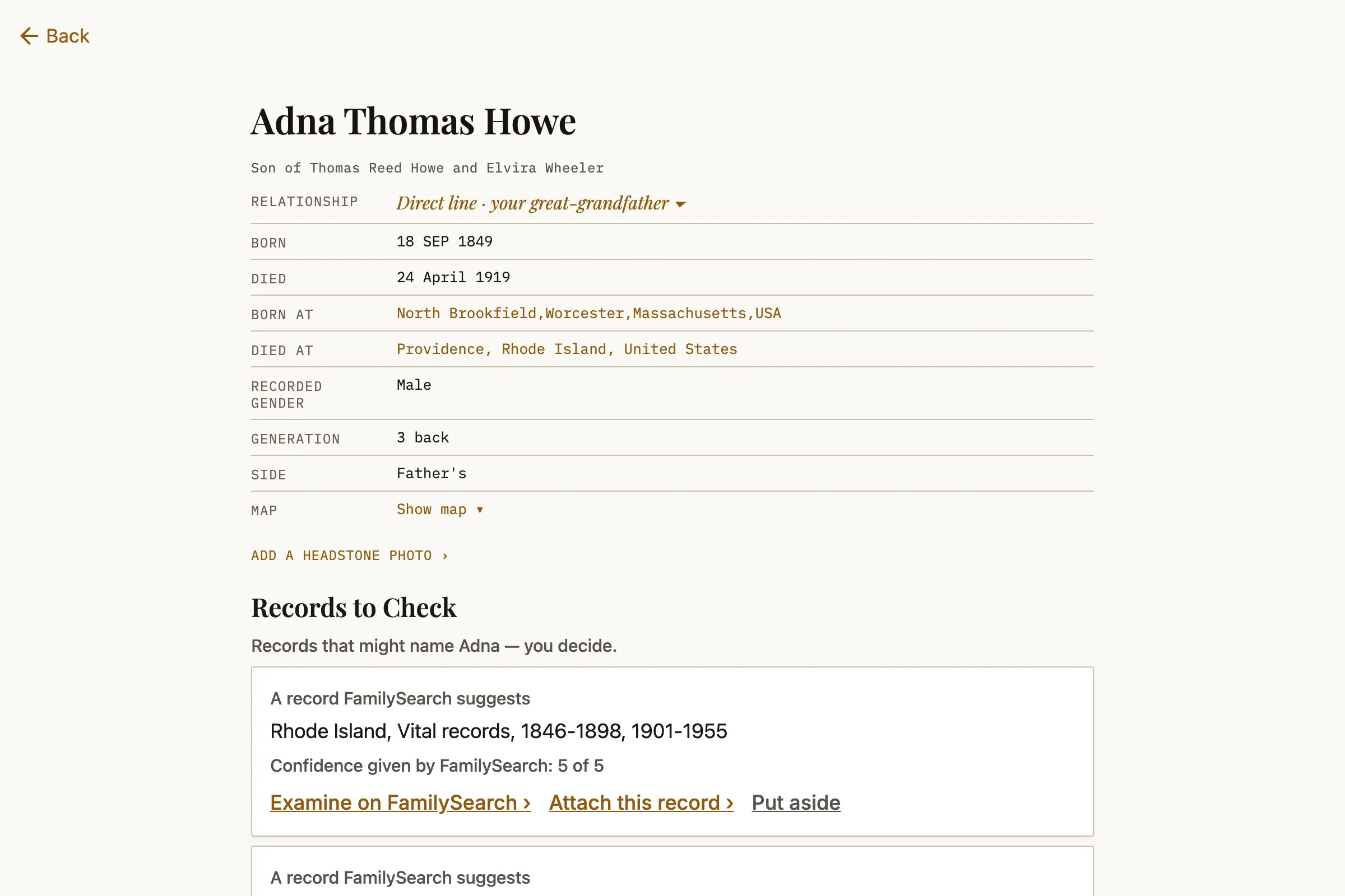A person's page in Witness: Adna Thomas Howe, 1849 to 1919, with the record hints FamilySearch found for him