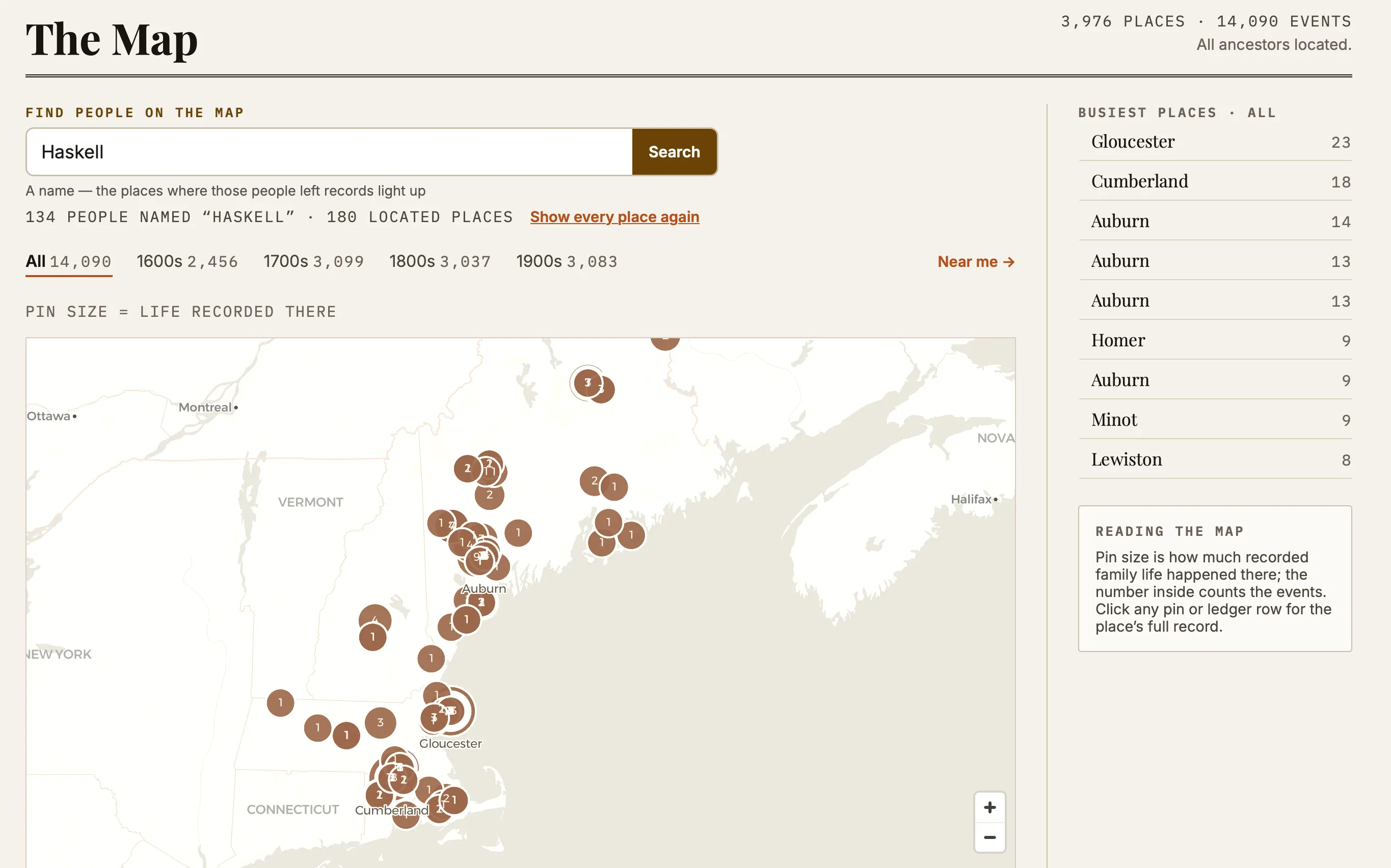 The map of recorded places