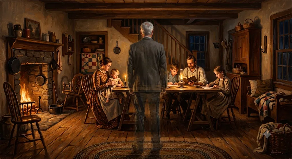A present-day man among his 1800s New England ancestors by candlelight